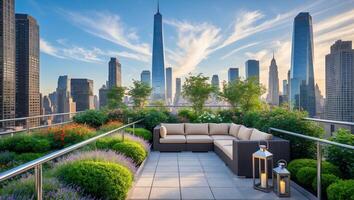 Stunning urban rooftop garden with skyline view and cozy seating in the heart of the city photo