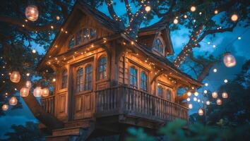 Magical treehouse adorned with glowing lanterns under the evening sky creating a whimsical atmosphere for guests photo