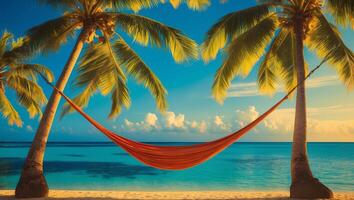 Relaxing in a hammock between palm trees on a tropical beach during sunset photo