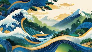 Vibrant depiction of waves and mountains in a serene landscape with intricate patterns and rich colors photo