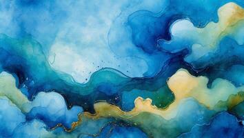 Abstract watercolor artwork featuring flowing blue tones and soft cloud-like shapes in a serene composition photo