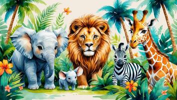Colorful jungle animals gathered together in a vibrant tropical setting photo