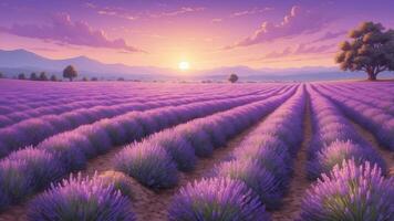 Lavender fields under a vibrant sunset in an open landscape creating a serene atmosphere photo