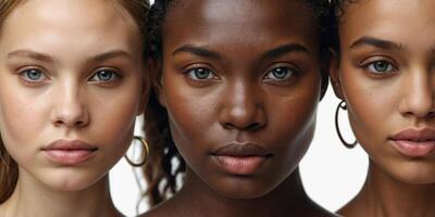 Diverse group of three women showcasing beauty and unique features in a soft-lit studio setting photo