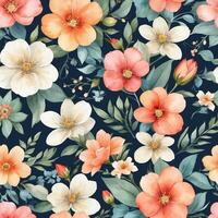 Colorful floral pattern featuring various flowers and leaves on a dark background creating a vibrant and lively design photo