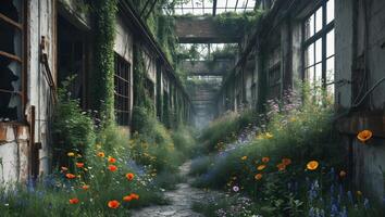 Overgrown corridor in an abandoned building adorned with colorful wildflowers in a serene atmosphere photo