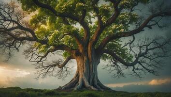 Majestic tree with sprawling branches stands proudly against a dramatic sky inspiring awe and contemplation in a tranquil landscape photo