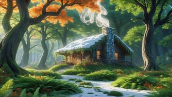 Cozy cabin surrounded by vibrant autumn trees and gentle snowfall in a tranquil forest setting photo