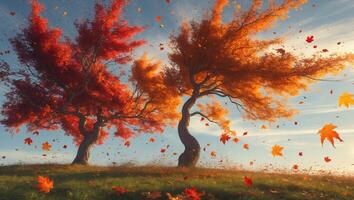 Vibrant autumn landscape with colorful trees swaying in the wind beneath a clear blue sky photo