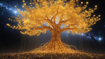 Golden tree glowing under a starry night sky with radiant roots illuminating the dark landscape photo