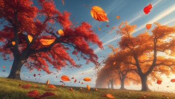 Autumn trees display vivid colors as leaves fall in a serene landscape during a bright afternoon photo