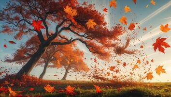 Autumn leaves swirl in the wind at a tranquil park during sunset photo