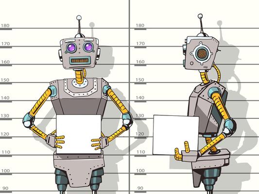 Robot arrested photo in police pop art style illustration. Robot illustration. Comic book style imitation. Vintage retro style robot. Conceptual illustration