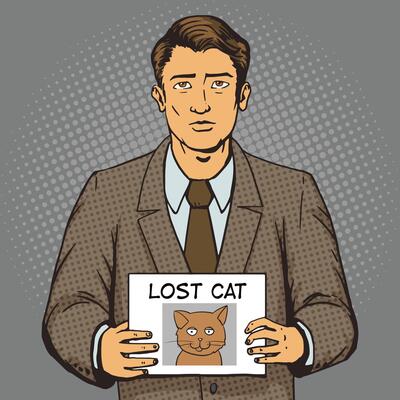 Man with missing cat ads pop art style illustration. Human illustration. Comic book style imitation. Vintage retro style. Conceptual illustration