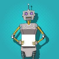 Robot with ads pop art style illustration. Robot illustration. Comic book style imitation. Vintage retro style robot. Conceptual illustration vector