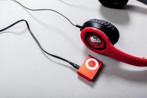Audio Headphones with Cord on Grey Background photo