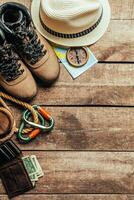 Top view of travel equipment for a mountain trip photo