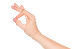 Hand gesture demonstrating the OK sign against a plain white background emphasizing communication and expression photo