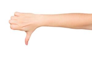 Hand gesture expressing disapproval on a plain background in a neutral setting photo