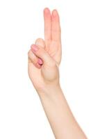 Hand gesture representing peace or victory symbolized by two fingers raised in a V shape on a white background photo