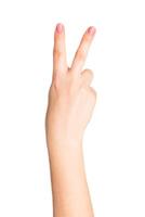 Hand gesture showing peace sign against plain background, symbolizing positivity and harmony during a social event photo