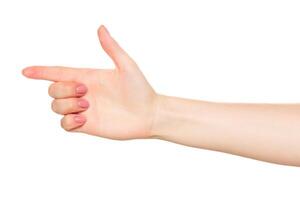 Hand gesture resembling a gun aimed forward, showcasing a playful expression and light nail polish photo