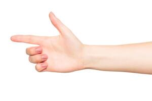 Hand gesture simulating a gun gesture with fingers extended in a playful manner against a white background photo