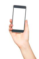 Hand holding blank smartphone ready for customization and personalization for various applications and uses photo