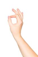 Hand gesture of approval shown with fingers creating an okay sign against a plain background photo
