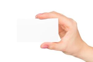 Empty business card held in a hand against a white background, presenting an opportunity for custom designs and branding photo
