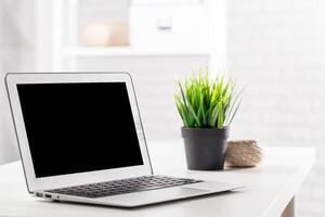 Workspace with a laptop and a potted plant on a bright table in a modern home office setting photo