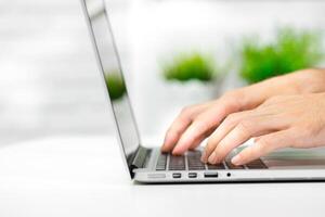 Hands typing on a laptop in a well-lit workspace with green plants in the background during daytime photo