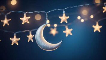 Decorative string lights with crescent moon and star design illuminate a night sky backdrop photo