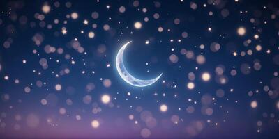 Night sky with a crescent moon and twinkling stars over a serene landscape photo