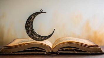 Decorative crescent moon ornament resting on an open antique book with faded pages showcasing intricate details in a serene setting photo