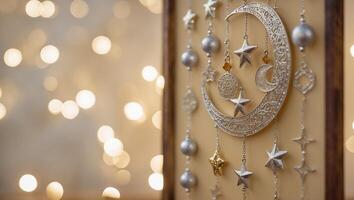 Decorative moon and star hanging with soft glowing background lights during festive celebration photo