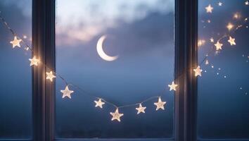 Nighttime view of a crescent moon and glowing star decorations from a window photo
