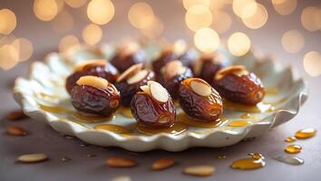 Sweet dates drizzled with syrup and topped with almonds on a decorative plate in a warm, festive setting photo
