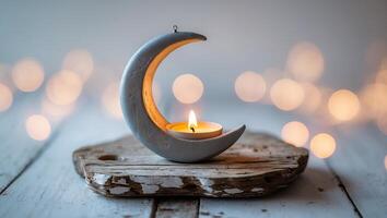 Candle holder shaped like a crescent moon with a flickering flame on a wooden base surrounded by soft glowing lights photo