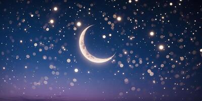 Night sky displaying a crescent moon surrounded by twinkling stars and shimmering lights over a serene landscape photo