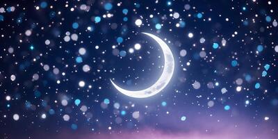 Shimmering crescent moon illuminated by sparkling stars in a night sky over a tranquil landscape photo