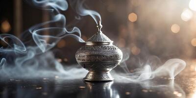 Intricately designed incense burner emits fragrant smoke in a tranquil setting photo