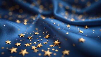Golden stars scattered on deep blue fabric creating a whimsical and elegant atmosphere during an evening celebration photo