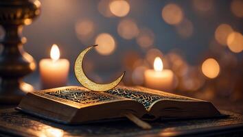 Crescent moon decorates a beautifully illuminated Quran surrounded by candles and soft bokeh lights during evening time photo