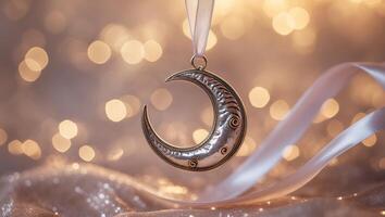 Metal crescent moon pendant hanging from a delicate ribbon with a soft bokeh background photo