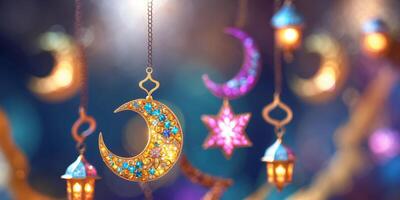 Stunning display of colorful crescent moon and star decorations for a festive evening celebration photo