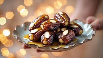 Delicious dates with nuts and caramel sauce served on a decorative plate during a festive gathering photo