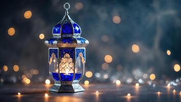 Decorative blue lantern illuminated with warm light against a blurred festive background during evening celebration photo