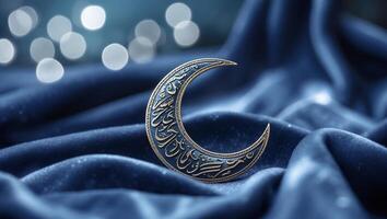 Decorative crescent moon on soft blue fabric with shimmering lights creating a serene atmosphere photo