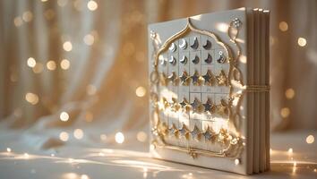 Elegant advent calendar with moon and star motifs, set against a warm, glowing background of twinkling lights photo